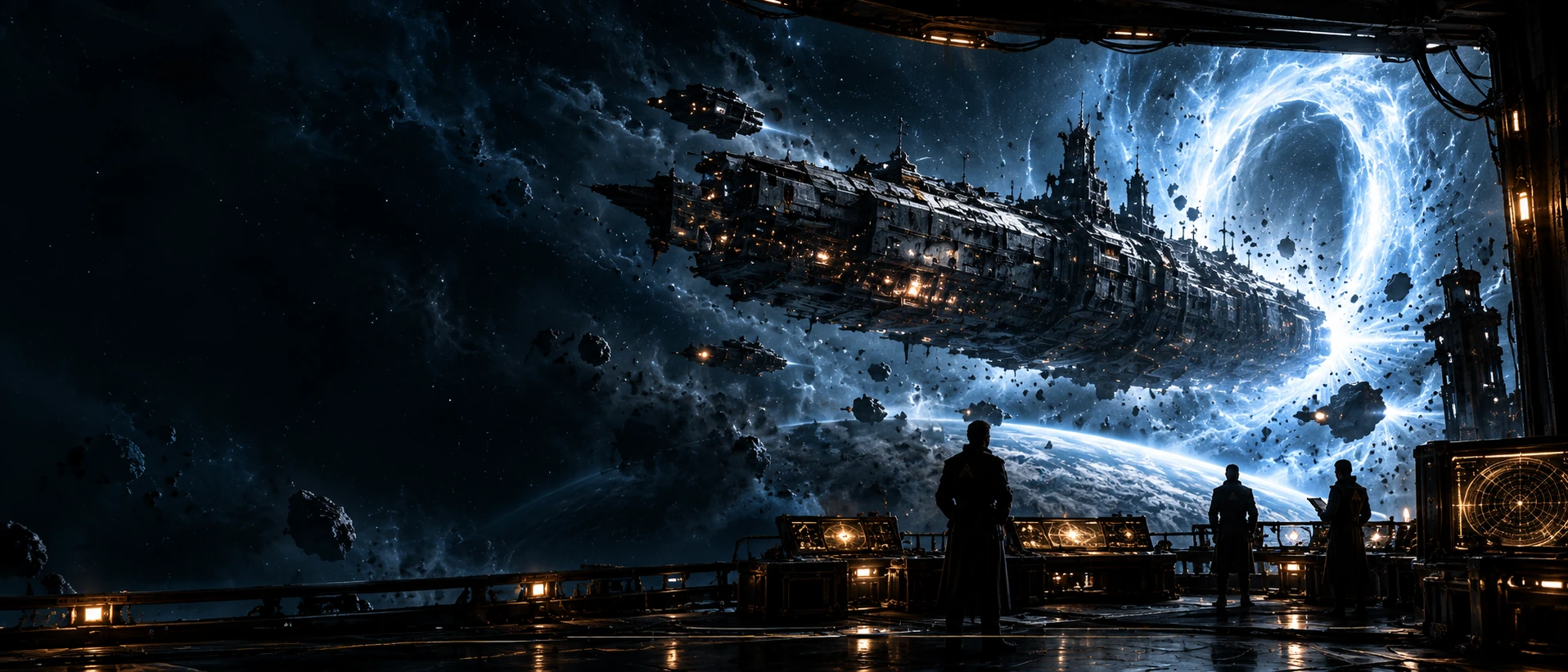 A recovered vessel poised before a luminous space anomaly