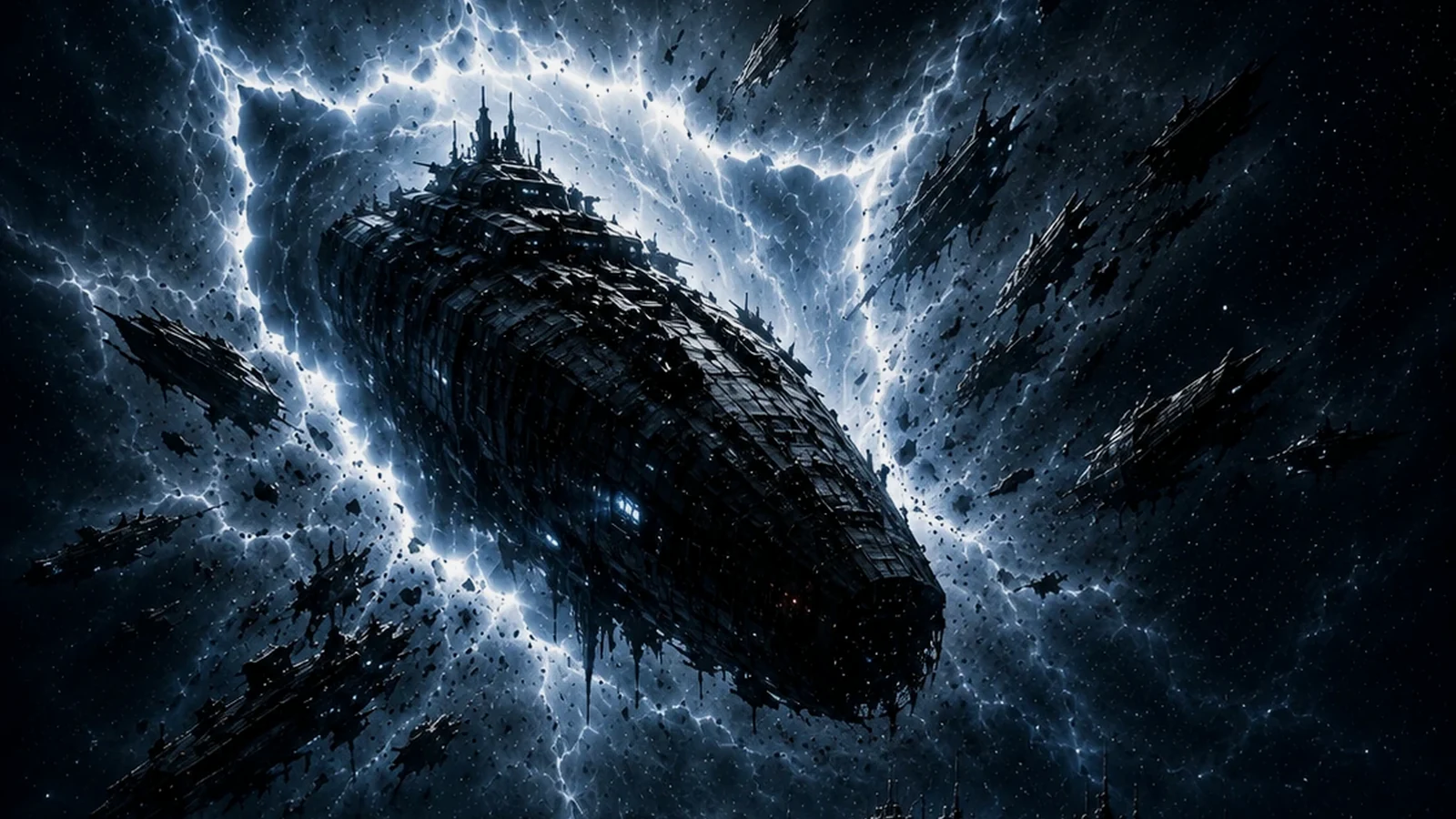 A damaged military battleship emerging through a pale continuity fracture in deep space