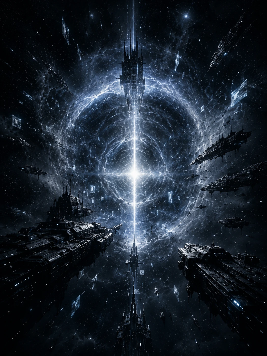 A fractured cosmic gateway surrounded by dark warships