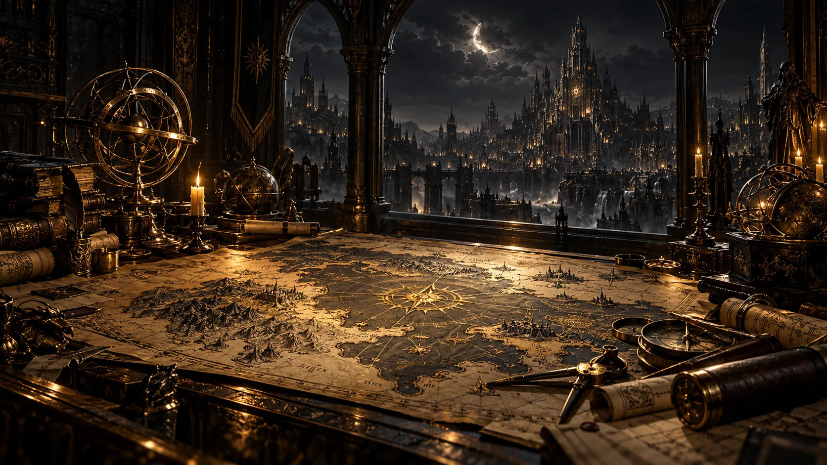 Tavola cartografica antica illuminata con strumenti e città gotica sullo sfondo