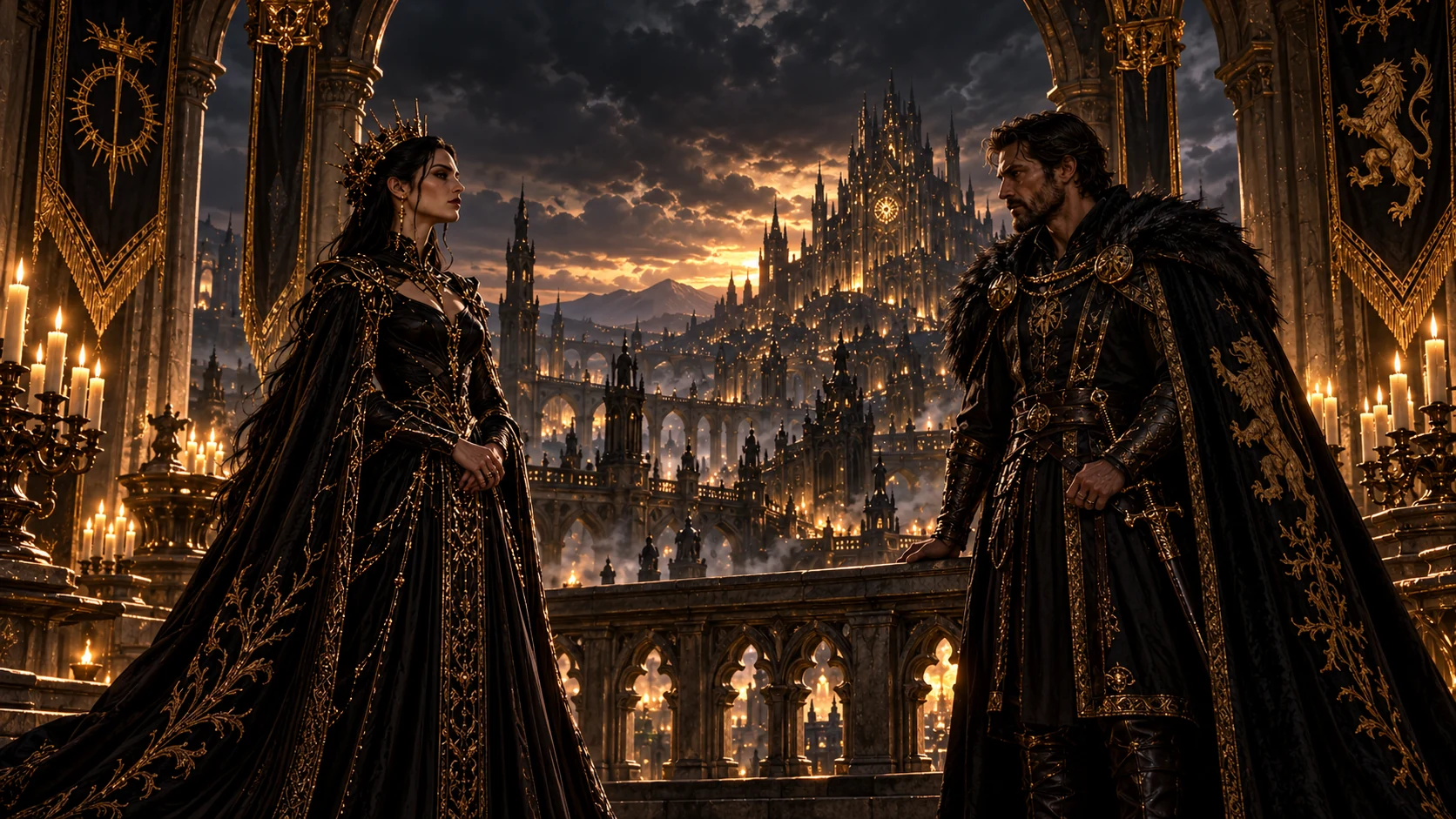 Nereth Varess e Rovan Theryn, mostrati a figura intera su una terrazza al tramonto, con i volti interamente visibili