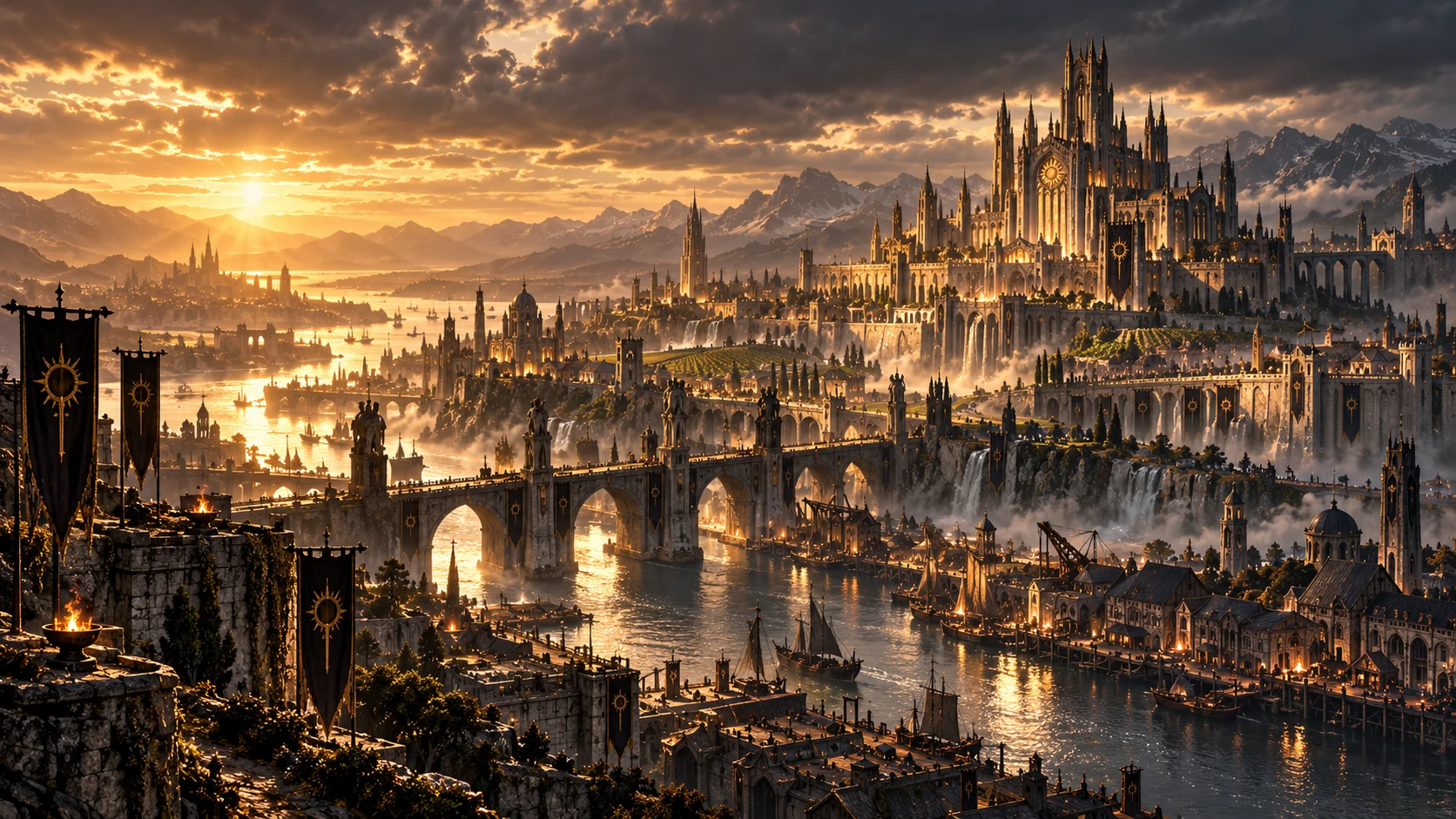 La capitale umana di Edrane con ponti, porto e un immenso palazzo-cattedrale