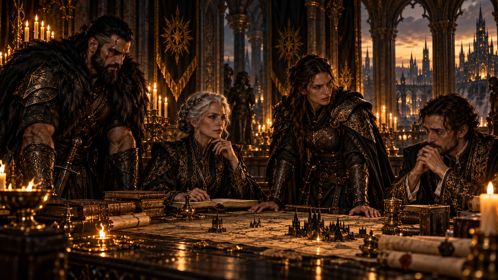 A tense council of war with commanders and advisors around a map
