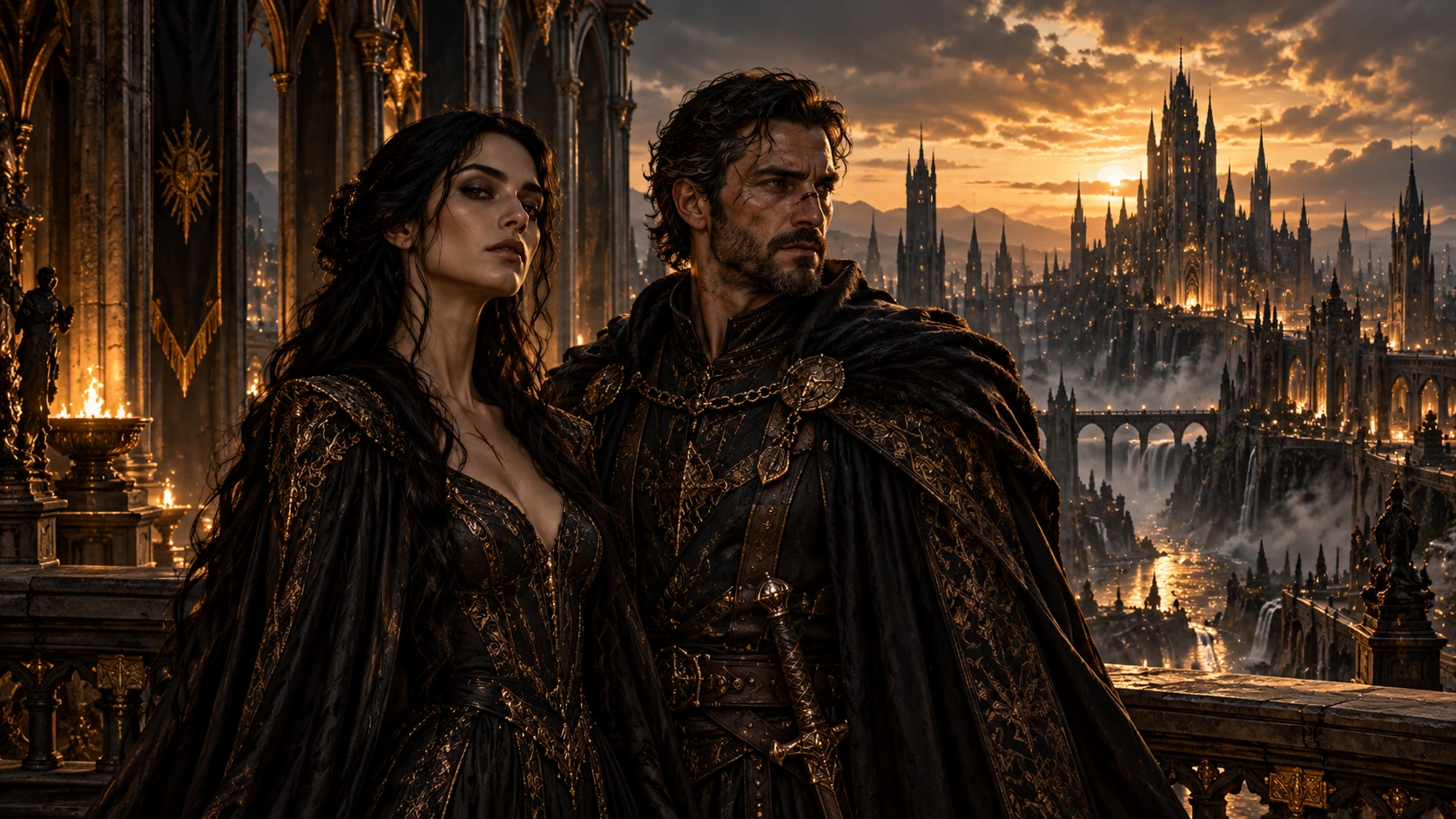 Nereth Varess and Rovan Theryn on a palace terrace above a gothic city