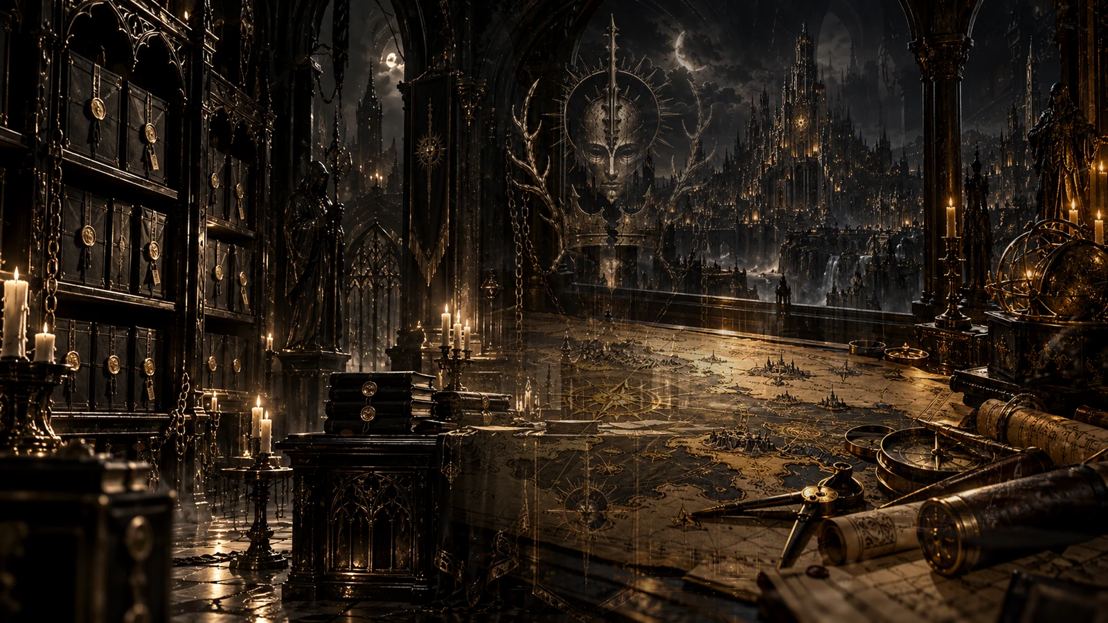 An ornate archive and celestial apparatus in a dark gothic hall