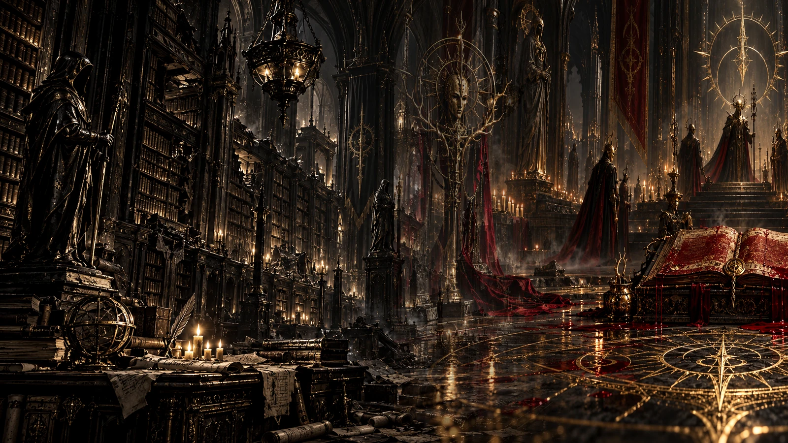A solemn memorial sanctuary surrounded by ritual emblems