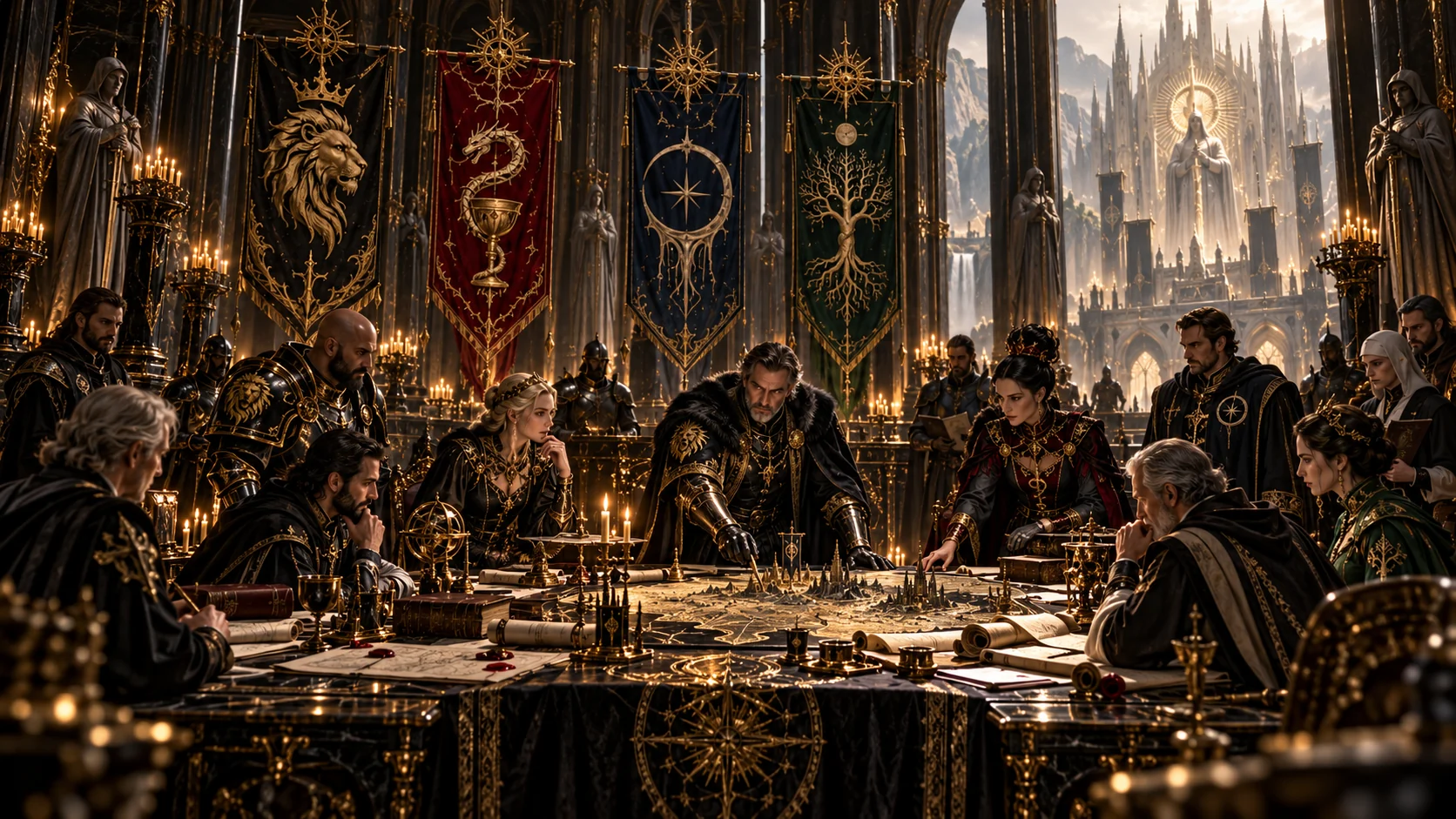 A war council gathered beneath the four great banners of the Veyr houses