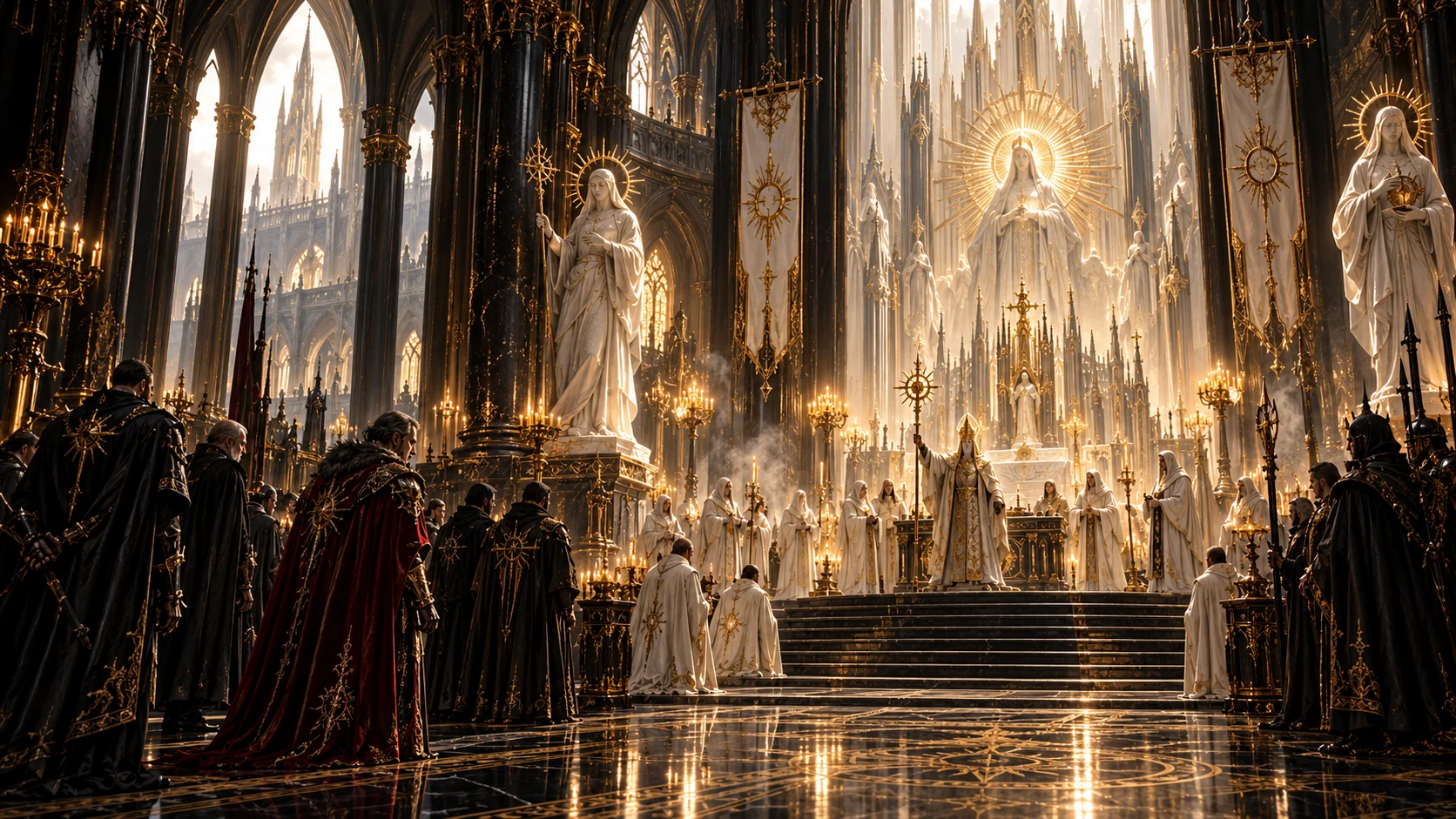 The radiant sanctuary of the Church of the First Dawn during a solemn public rite