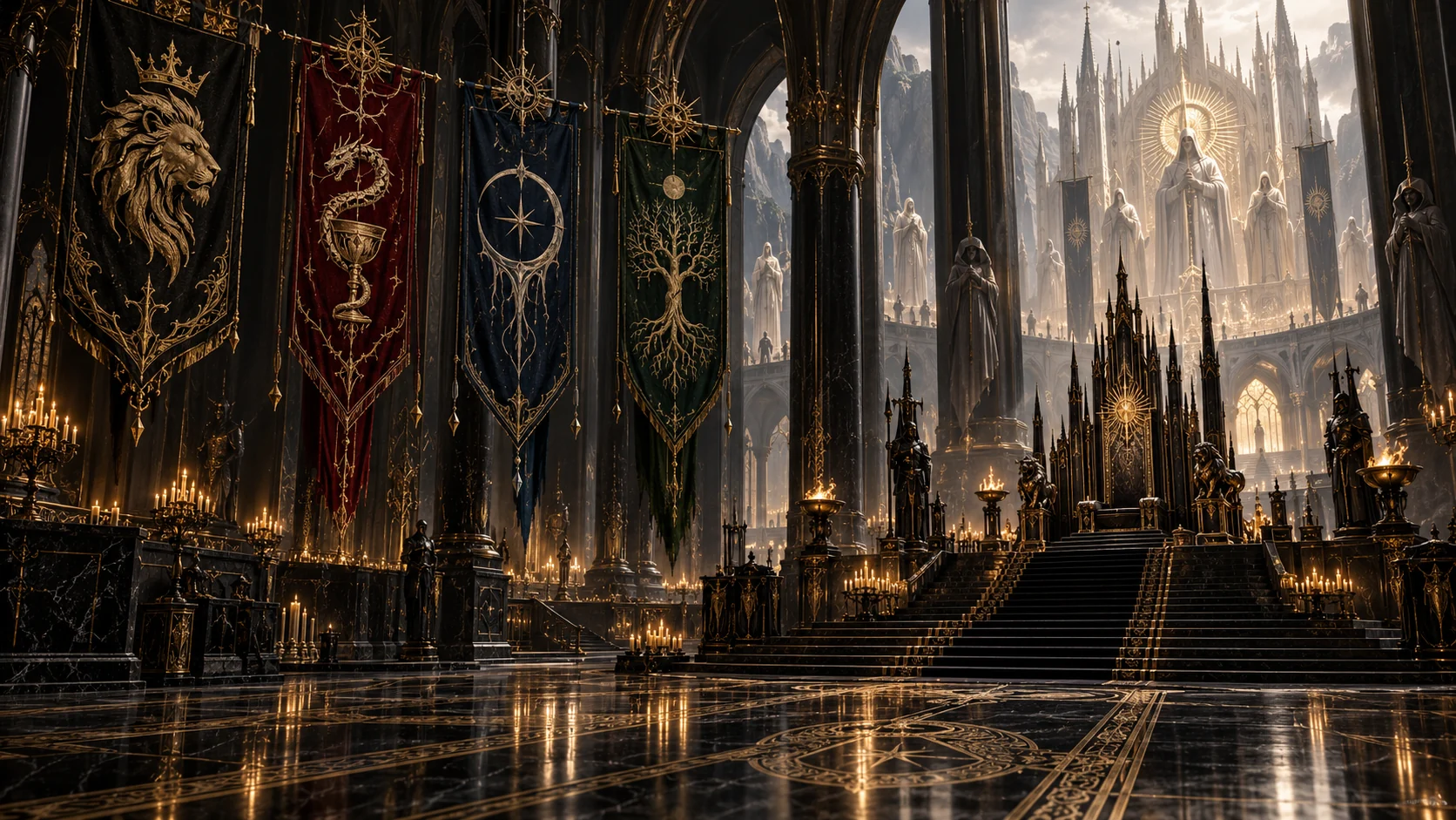Four Veyr banners hanging in a monumental throne hall while the First Dawn sanctuary rises beyond