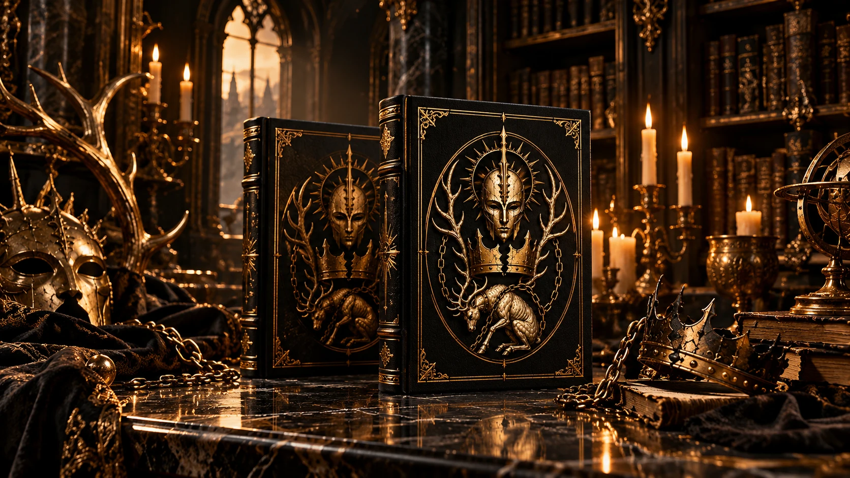 Two black and gold books in a candlelit gothic library