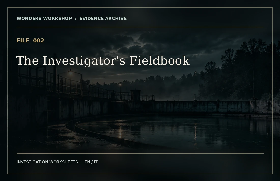 Dark editorial preview for the Investigator’s Fieldbook printable worksheets