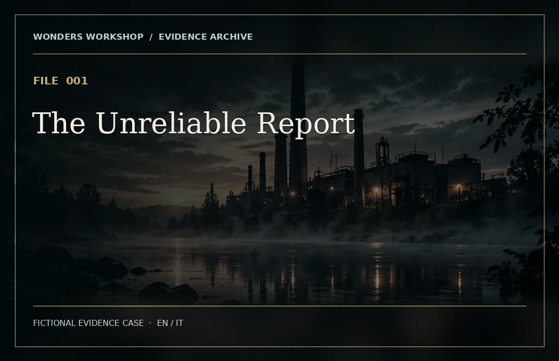 Dark editorial preview for The Unreliable Report investigative case file