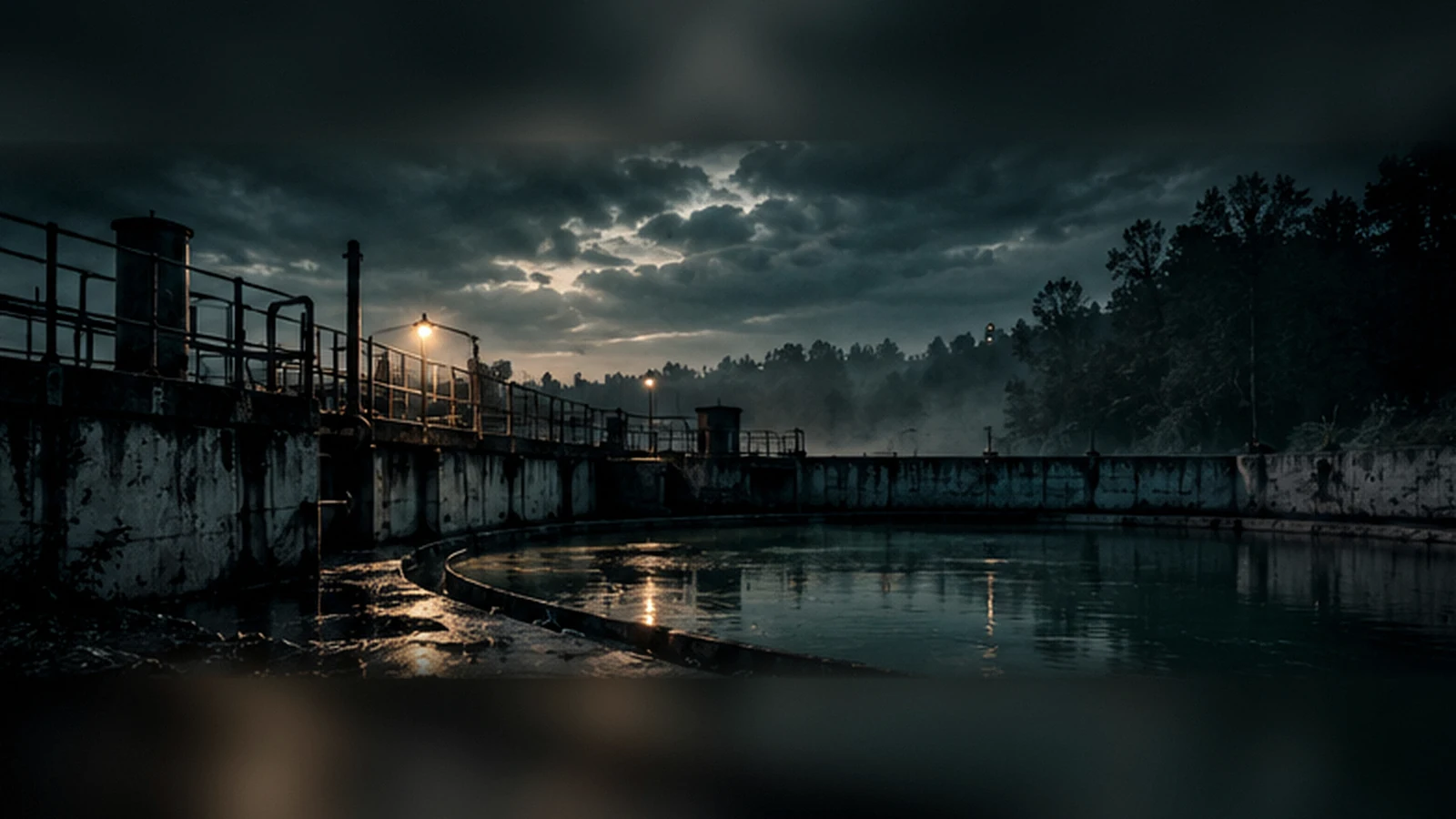 Rain-soaked industrial waterworks beside a wooded river, an atmospheric illustration of environmental investigation