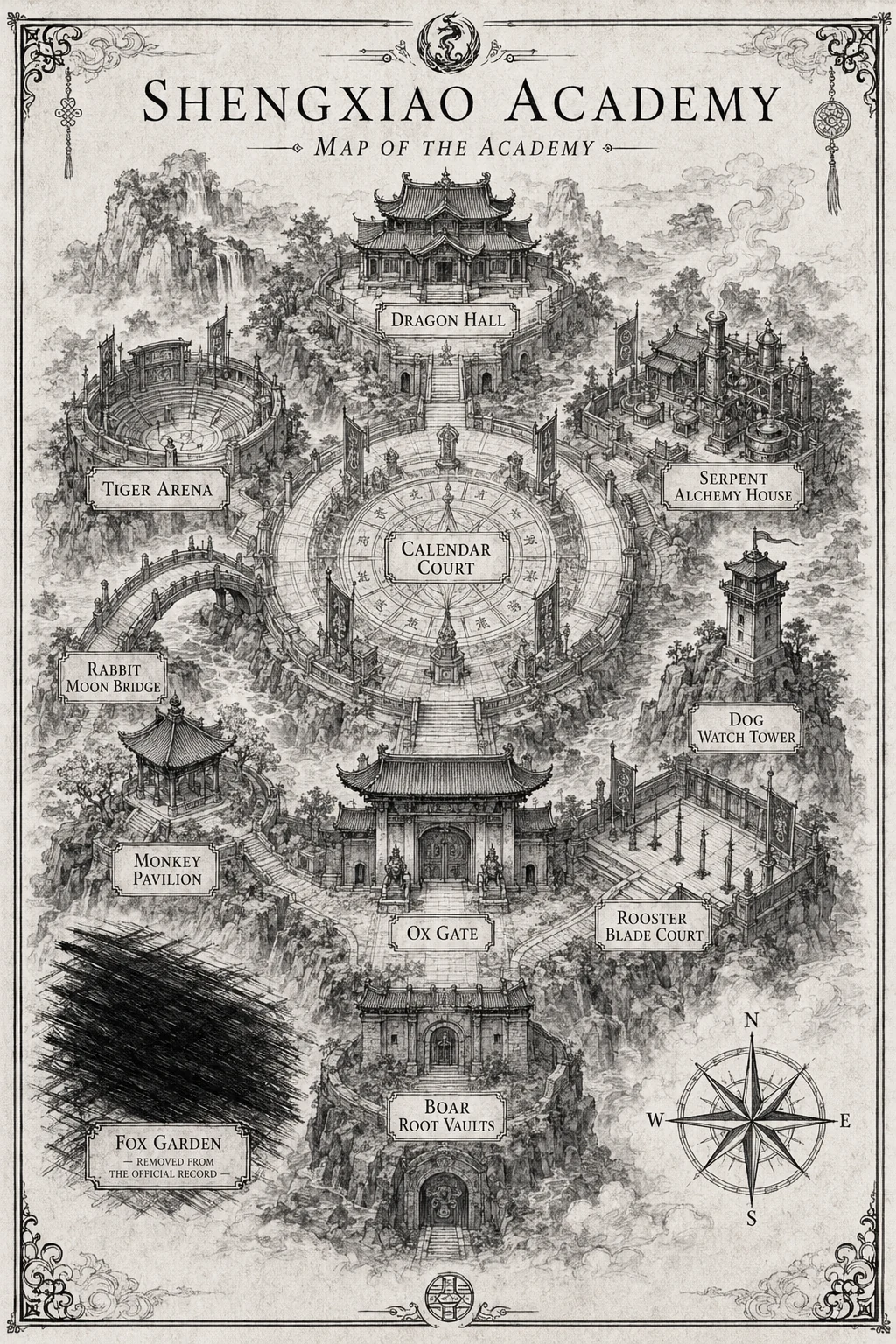 Map of Shengxiao Academy showing the Calendar Court, the official House grounds, and the erased Fox Garden
