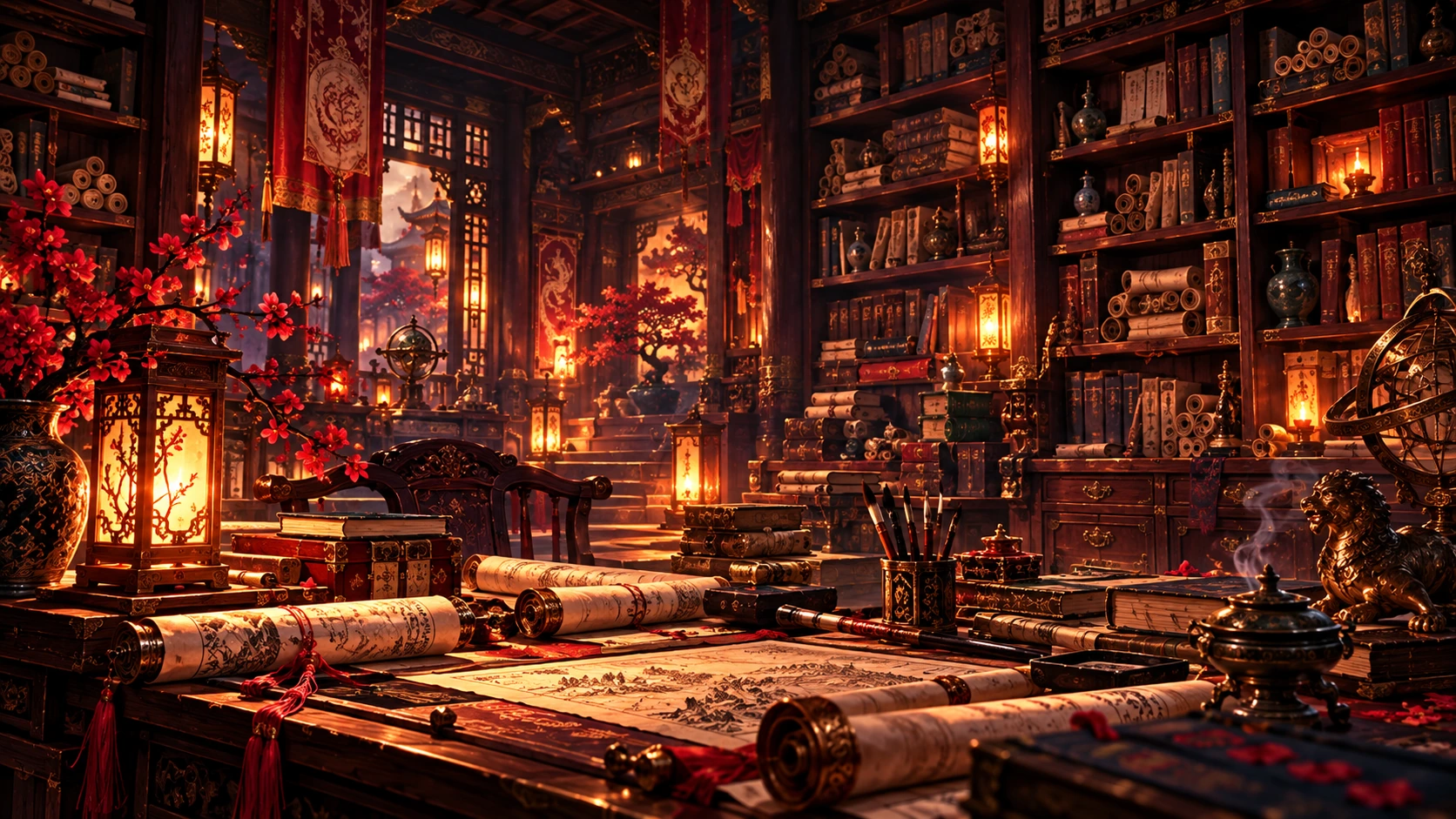 Warm lantern-lit archives with books and ancient scrolls