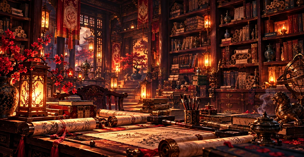 Warm lantern-lit archive with shelves of ancient books