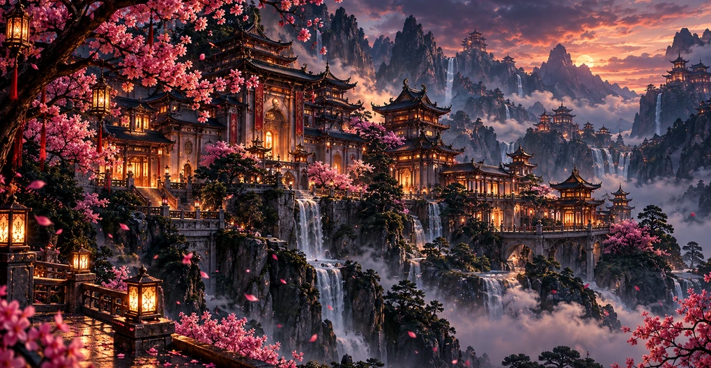 Shengxiao Academy rooftops, terraces and waterfalls