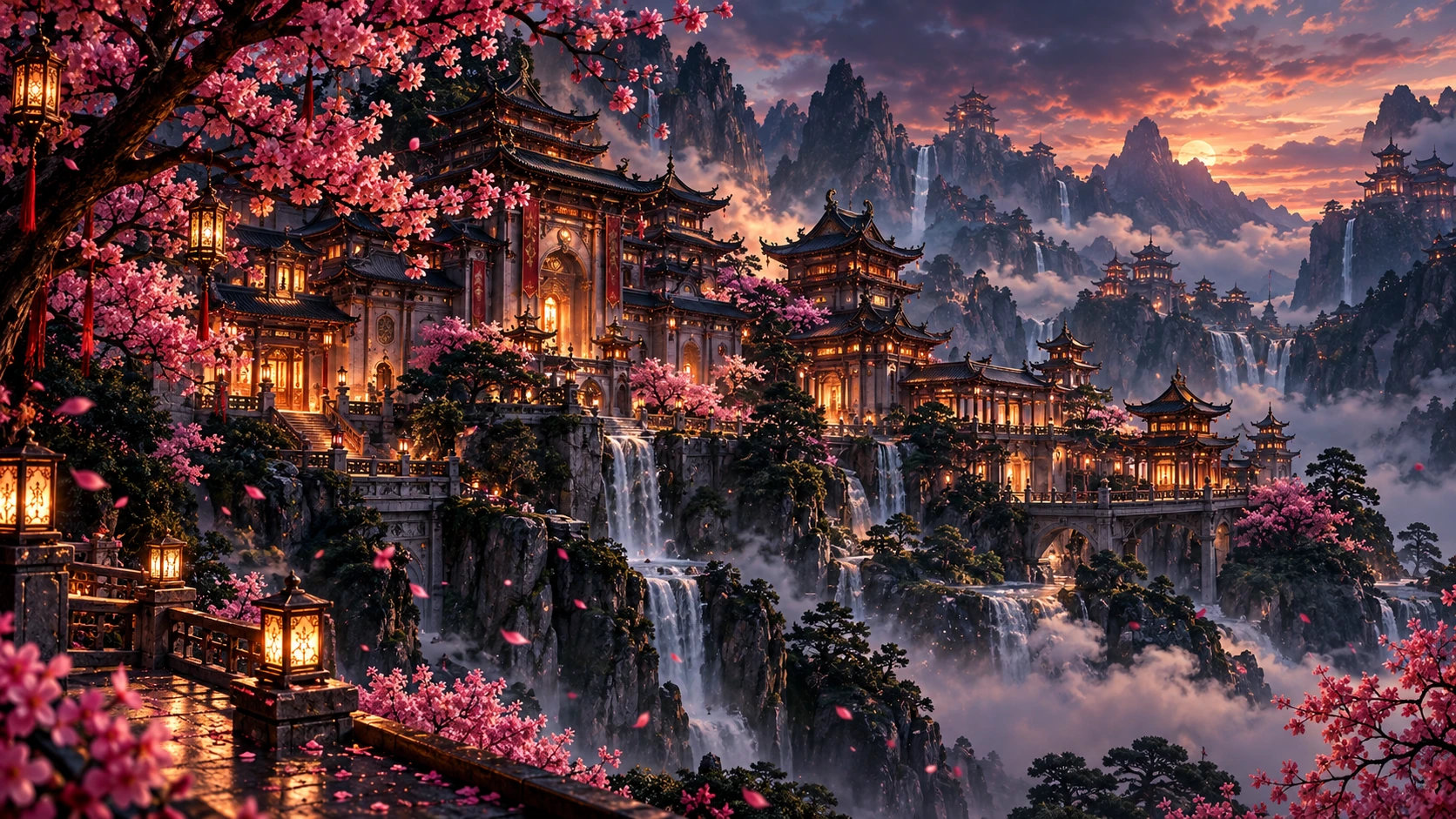 Cinematic panorama of Shengxiao Academy across moonlit mountains
