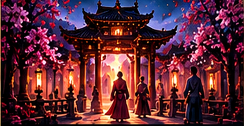 Moonlit gateway of Shengxiao Academy with flowering cherry trees