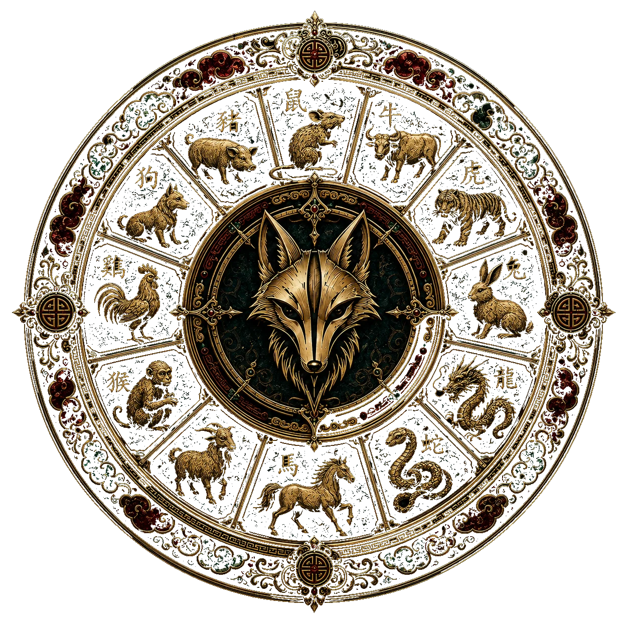 Ornate imperial Shengxiao wheel with fox seal at the center