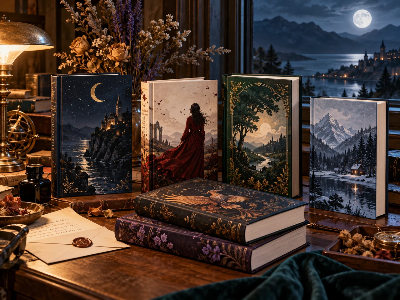 A fantasy reading desk with standalone novels under moonlight