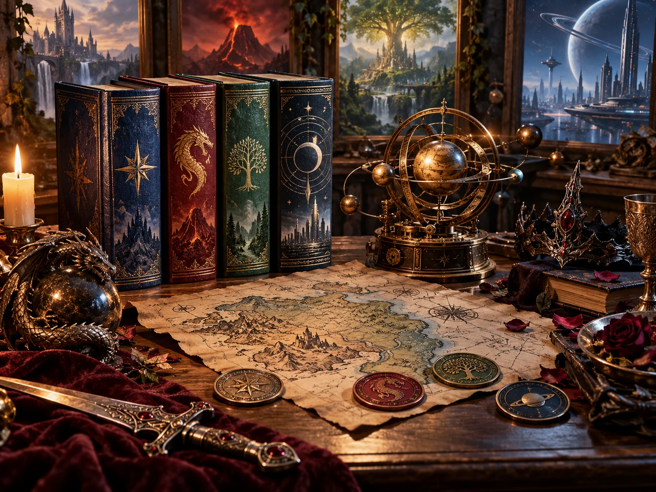 A collection library display with fantasy and science fiction worlds