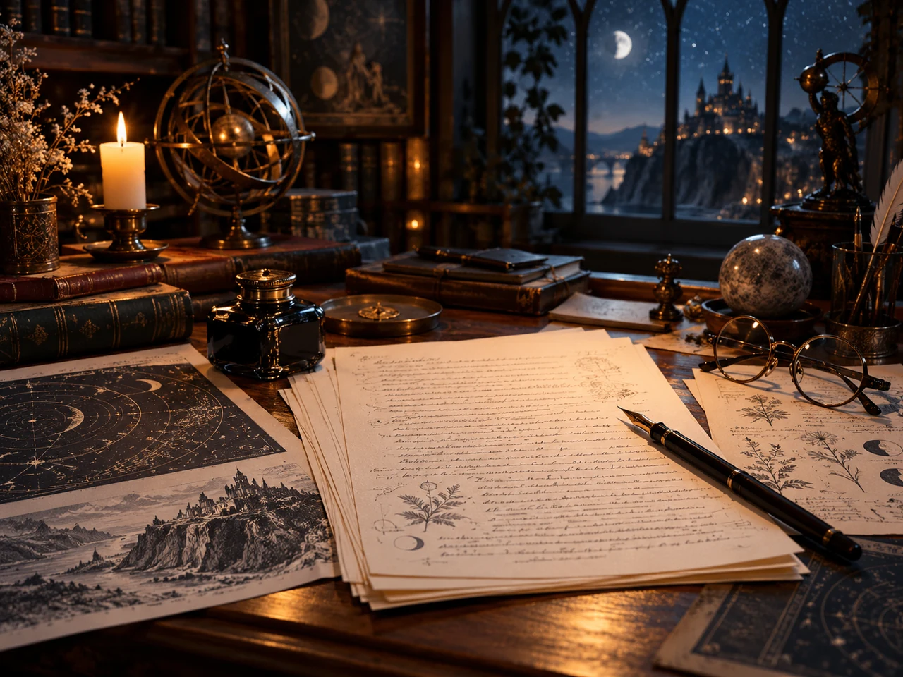A moonlit writer's desk with article pages and notes