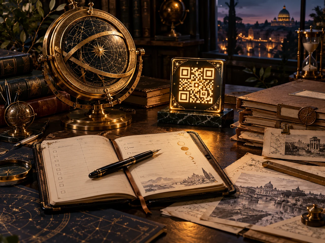 A desk filled with reading tools, a planner, and a glowing QR artifact